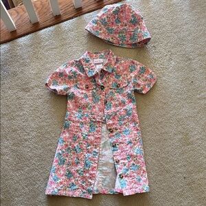 Little Lass Pink Floral Button-Front Dress with Matching Hat
